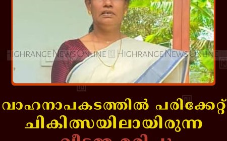 വാഹനാപകടത്തില്‍ പരിക്കേറ്റ് ചികിത്സയിലായിരുന്ന വീട്ടമ്മ മരിച്ചു