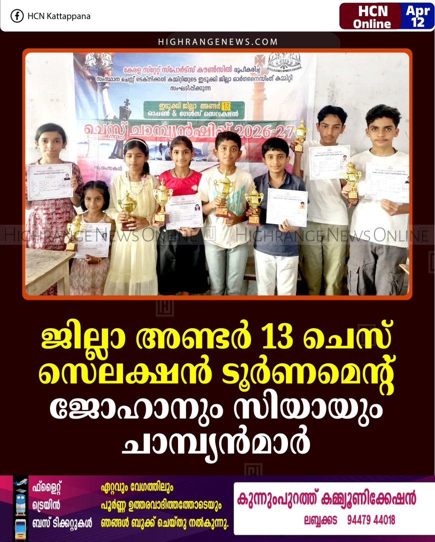 ജില്ലാ അണ്ടര്‍ 13 ചെസ് സെലക്ഷന്‍ ടൂര്‍ണമെന്റ്: ജോഹാനും സിയായും ചാമ്പ്യന്‍മാര്‍