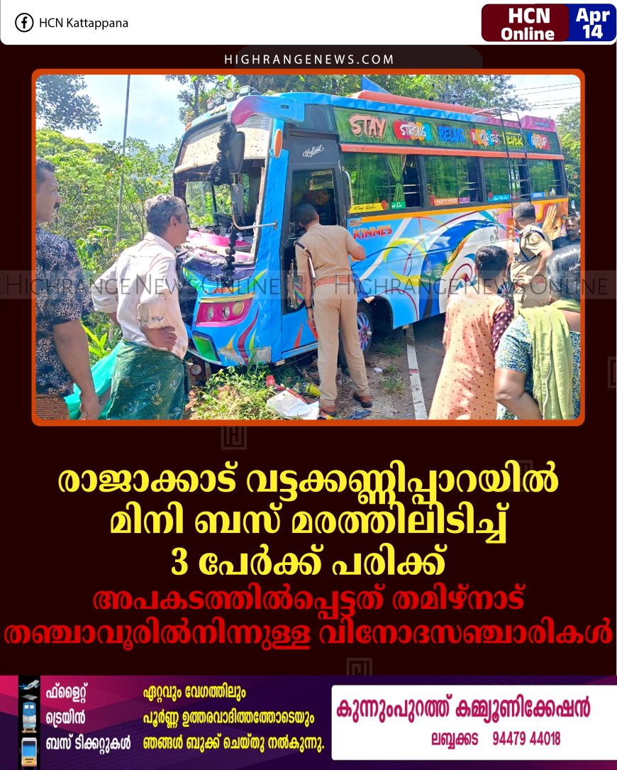 രാജാക്കാട് വട്ടക്കണ്ണിപ്പാറയില്‍ മിനി ബസ് മരത്തിലിടിച്ച് 3 പേര്‍ക്ക് പരിക്ക്: അപകടത്തില്‍പ്പെട്ടത് തമിഴ്‌നാട് തഞ്ചാവൂരില്‍നിന്നുള്ള വിനോദസഞ്ചാരികള്‍