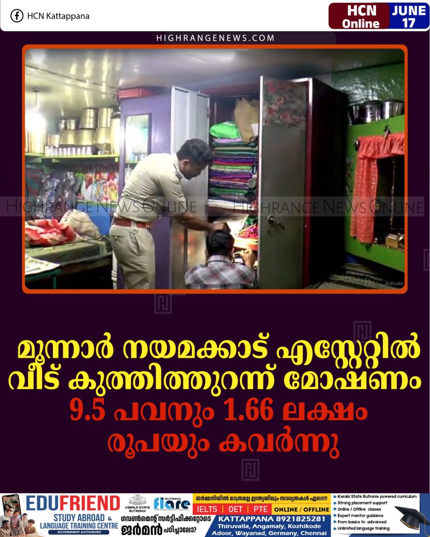 മൂന്നാര്‍ നയമക്കാട് എസ്റ്റേറ്റില്‍ വീട് കുത്തിത്തുറന്ന് മോഷണം: 9.5 പവനും 1.66 ലക്ഷം രൂപയും കവര്‍ന്നു
