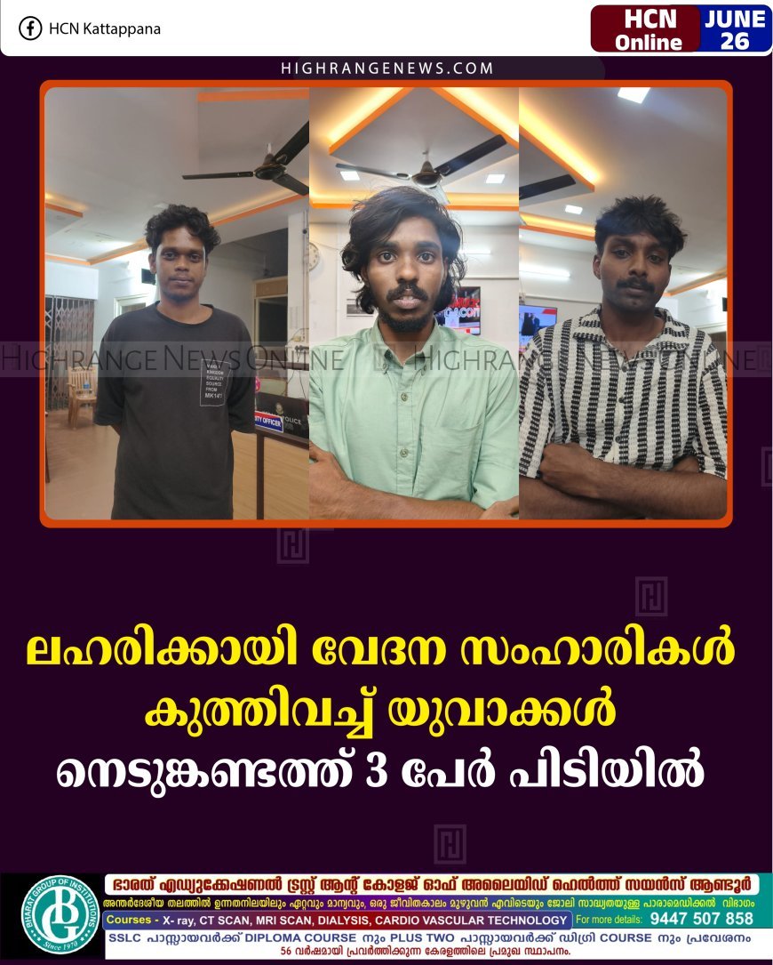 ലഹരിക്കായി വേദന സംഹാരികള്‍ കുത്തിവച്ച് യുവാക്കള്‍: നെടുങ്കണ്ടത്ത് 3 പേര്‍ പിടിയില്‍ 