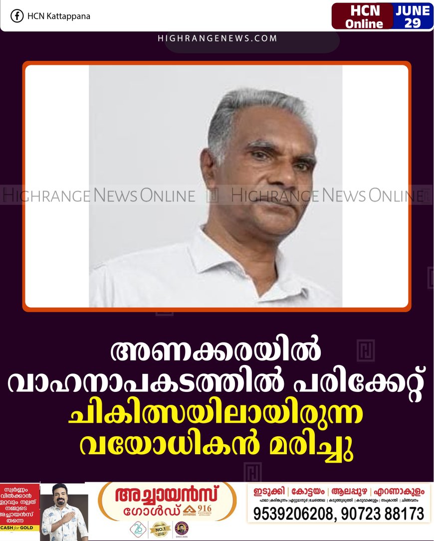 അണക്കരയില്‍ വാഹനാപകടത്തില്‍ പരിക്കേറ്റ് ചികിത്സയിലായിരുന്ന വയോധികന്‍ മരിച്ചു 
