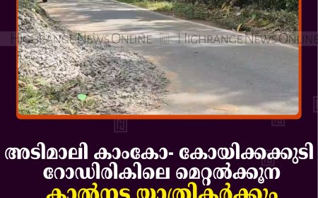 അടിമാലി കാംകോ- കോയിക്കക്കുടി റോഡിരികിലെ മെറ്റല്‍ക്കൂന: കാല്‍നട യാത്രികര്‍ക്കും വാഹനങ്ങള്‍ക്കും ഭീഷണി 