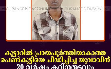 കൂട്ടാറില്‍ പ്രായപൂര്‍ത്തിയാകാത്ത പെണ്‍കുട്ടിയെ പീഡിപ്പിച്ച യുവാവിന് 20 വര്‍ഷം കഠിനതടവും 50,000 രൂപ പിഴയും