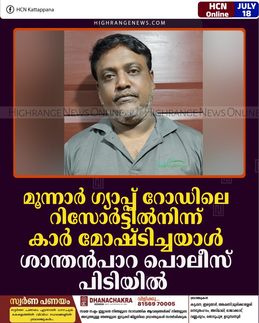 മൂന്നാര്‍ ഗ്യാപ്പ് റോഡിലെ റിസോര്‍ട്ടില്‍നിന്ന് കാര്‍ മോഷ്ടിച്ചയാള്‍ ശാന്തന്‍പാറ പൊലീസ് പിടിയില്‍ 