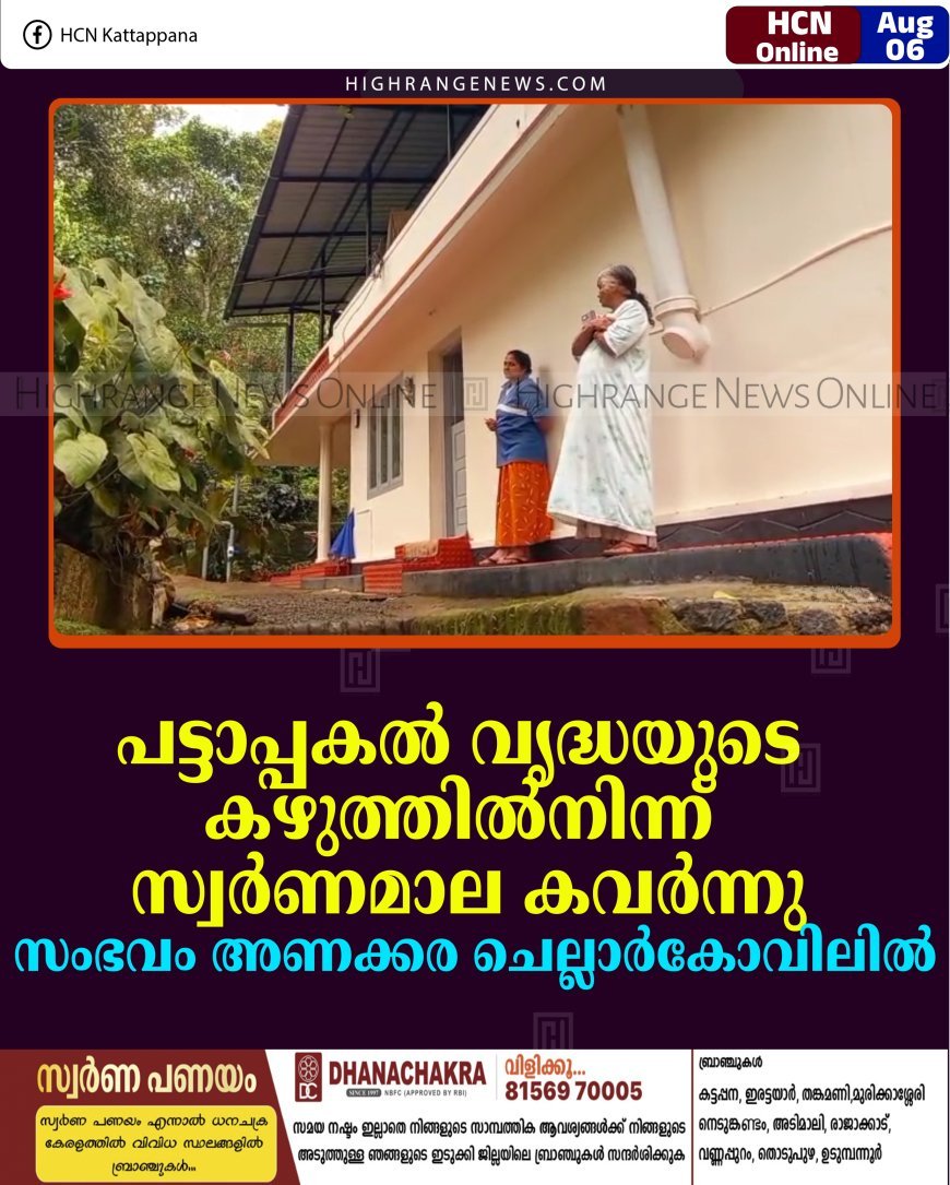 പട്ടാപ്പകല്‍ വൃദ്ധയുടെ കഴുത്തില്‍നിന്ന് സ്വര്‍ണമാല കവര്‍ന്നു: സംഭവം അണക്കര ചെല്ലാര്‍കോവിലില്‍