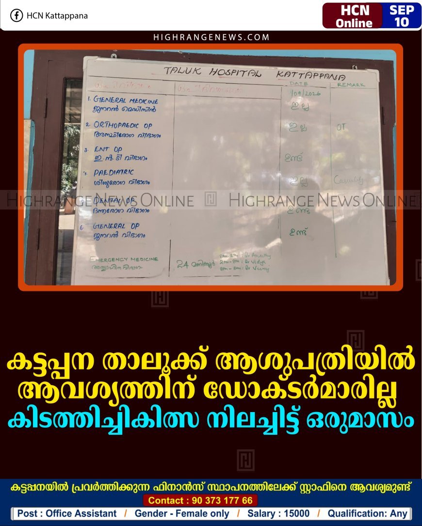കട്ടപ്പന താലൂക്ക് ആശുപത്രിയില്‍ ആവശ്യത്തിന് ഡോക്ടര്‍മാരില്ല: കിടത്തിച്ചികിത്സ നിലച്ചിട്ട് ഒരുമാസം      
