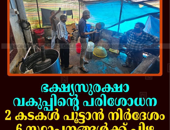 ഭക്ഷ്യസുരക്ഷാ വകുപ്പിന്റെ പരിശോധന: 2 കടകള്‍ പൂട്ടാന്‍ നിര്‍ദേശം: 6 സ്ഥാപനങ്ങള്‍ക്ക് പിഴ 
