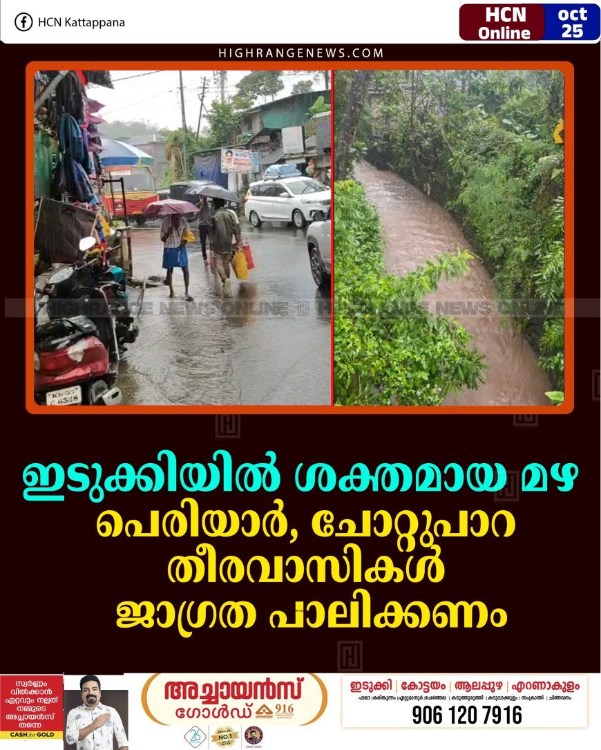 ഇടുക്കിയില്‍ ശക്തമായ മഴ: പെരിയാര്‍, ചോറ്റുപാറ തീരവാസികള്‍ ജാഗ്രത പാലിക്കണം